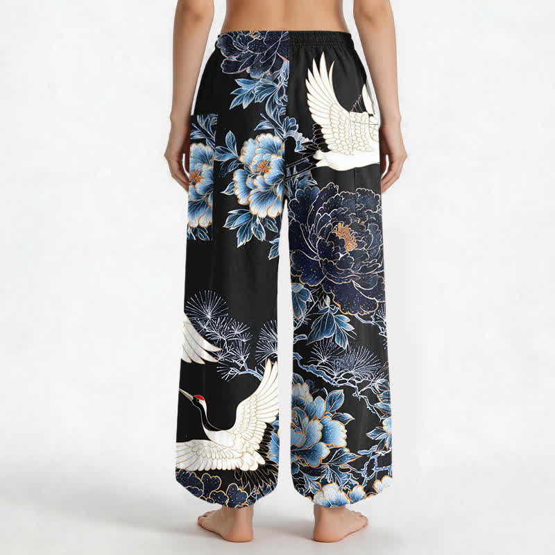 Buddha Stones Cotton Oriental Crane Peony Pattern Women's Elastic Waist Harem Pants With Side Pockets - image 12