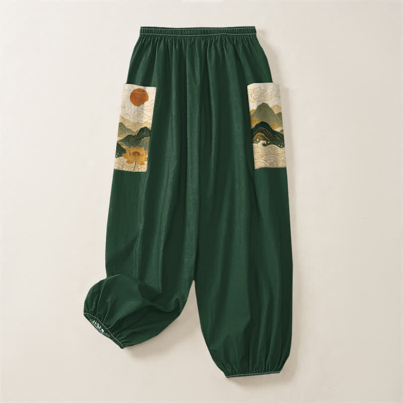 Buddha Stones Cotton Oriental Mountain Lotus Pattern Women's Elastic Waist Harem Pants With Side Pockets - image 4