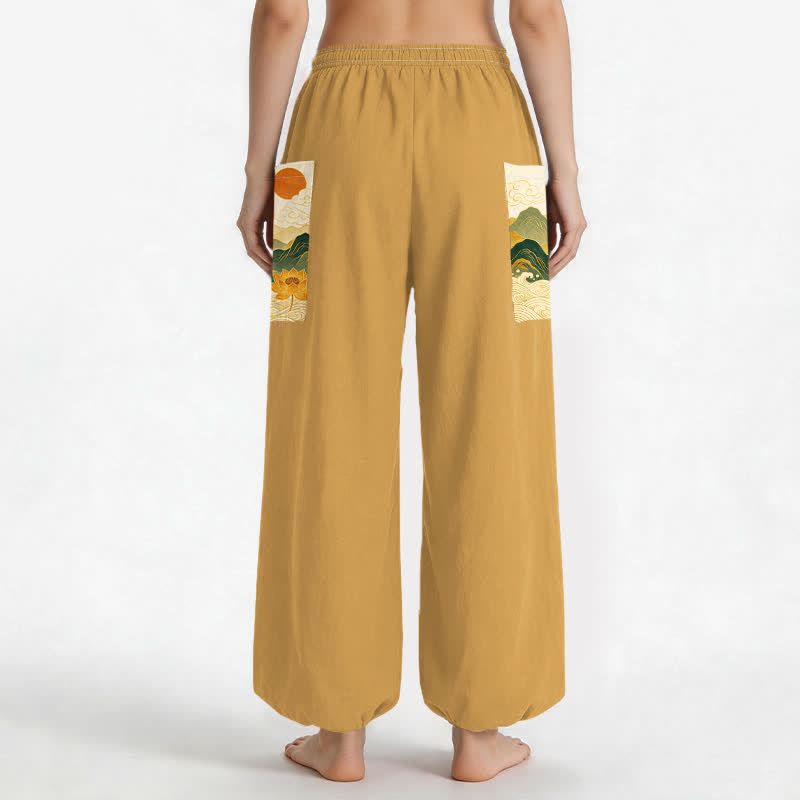 Buddha Stones Cotton Oriental Mountain Lotus Pattern Women's Elastic Waist Harem Pants With Side Pockets - image 9