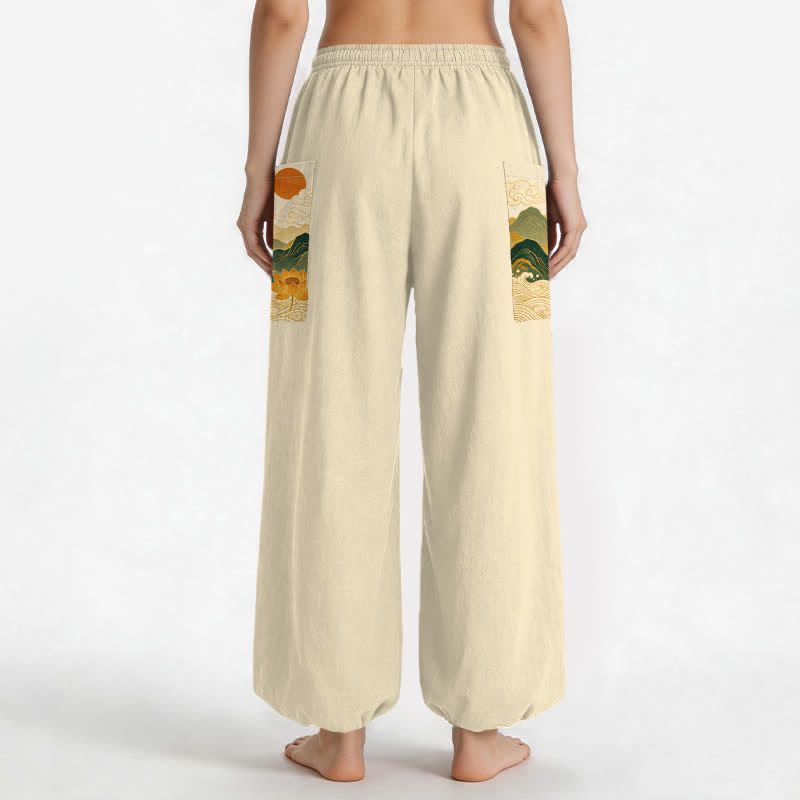 Buddha Stones Cotton Oriental Mountain Lotus Pattern Women's Elastic Waist Harem Pants With Side Pockets - image 12