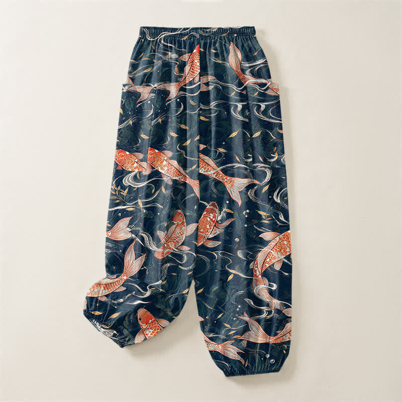 Buddha Stones Cotton Oriental Koi Wave Pattern Women's Elastic Waist Harem Pants With Side Pockets - image 3