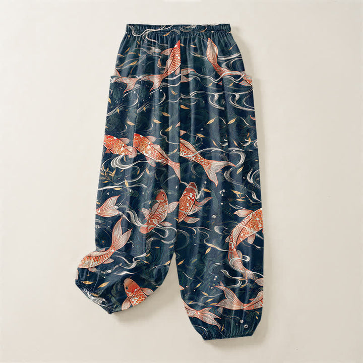 Buddha Stones Cotton Oriental Koi Wave Pattern Women's Elastic Waist Harem Pants With Side Pockets - image 3