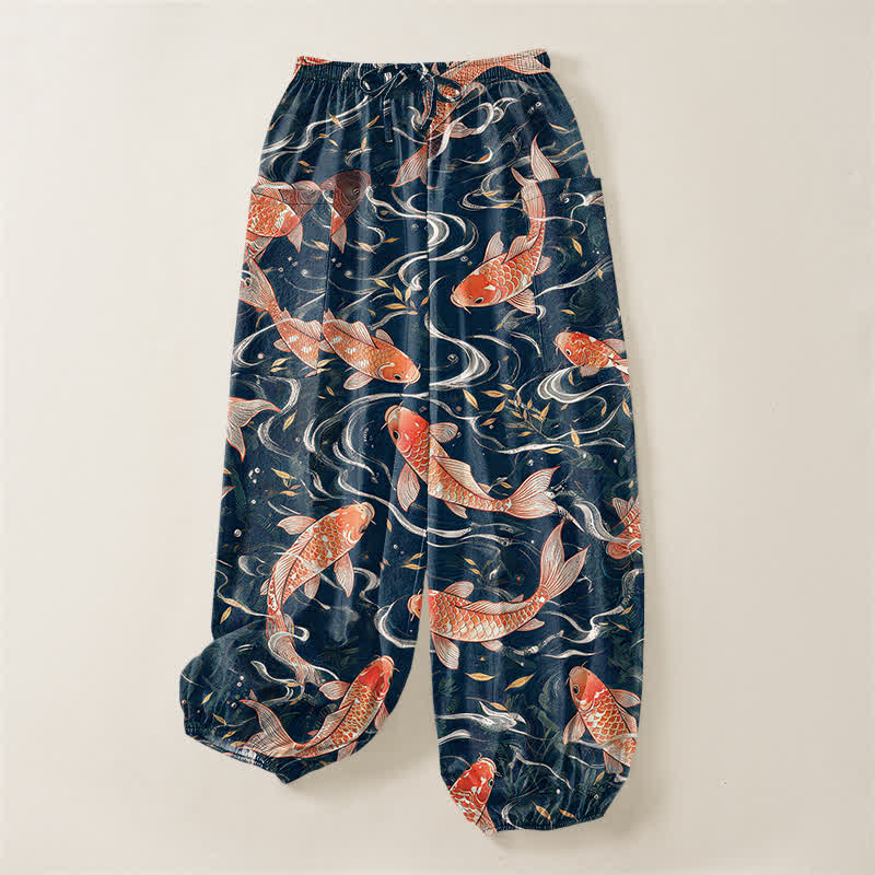 Buddha Stones Cotton Oriental Koi Wave Pattern Women's Elastic Waist Harem Pants With Side Pockets - image 4