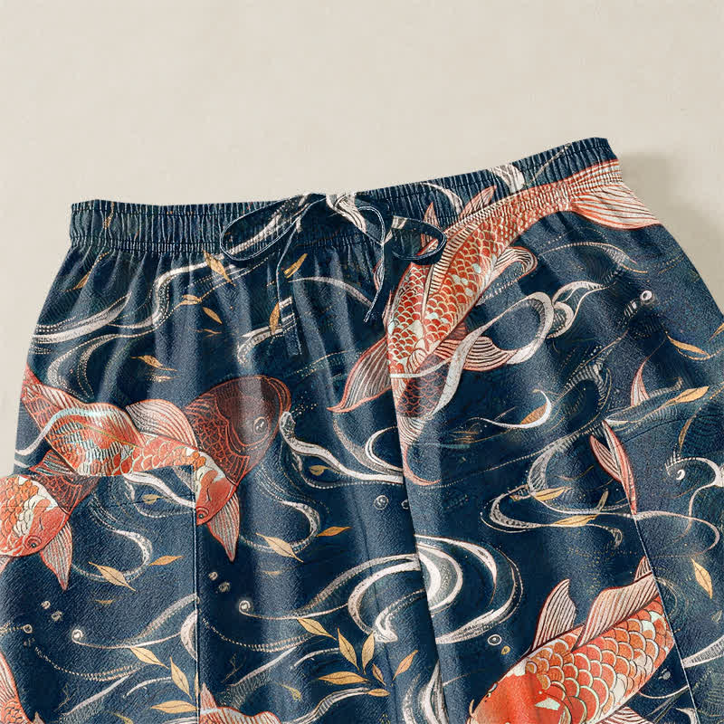 Buddha Stones Cotton Oriental Koi Wave Pattern Women's Elastic Waist Harem Pants With Side Pockets - image 5