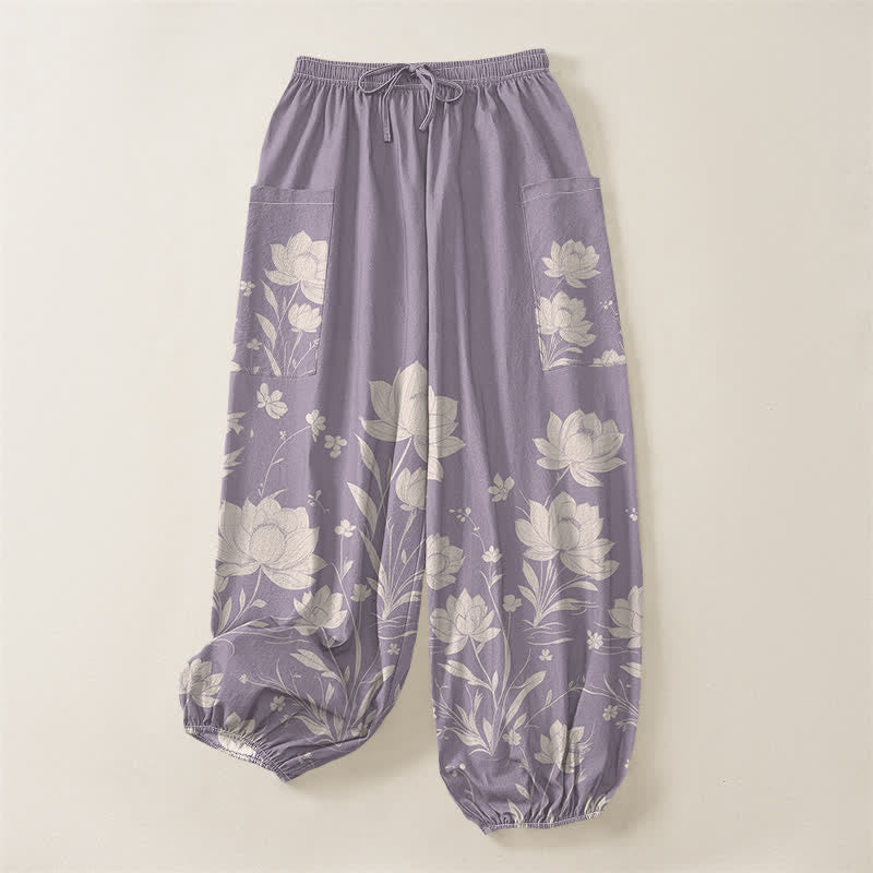 Buddha Stones Cotton Vintage Lotus Bloom Pattern Women's Elastic Waist Harem Pants With Side Pockets - image 3