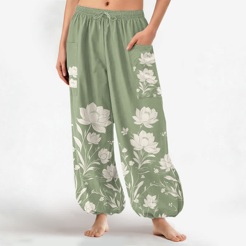 Buddha Stones Cotton Vintage Lotus Bloom Pattern Women's Elastic Waist Harem Pants With Side Pockets - PaleGreen - US16，UK/AU20，EU48 (3XL) - image 7