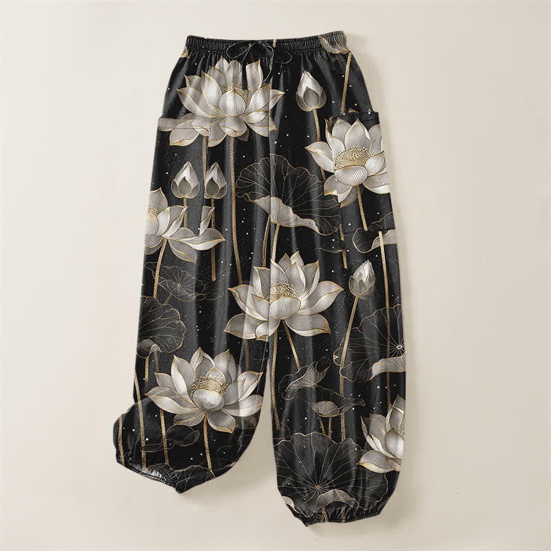 Buddha Stones Cotton Oriental Lotus Floral Pattern Women's Elastic Waist Harem Pants With Side Pockets - image 3
