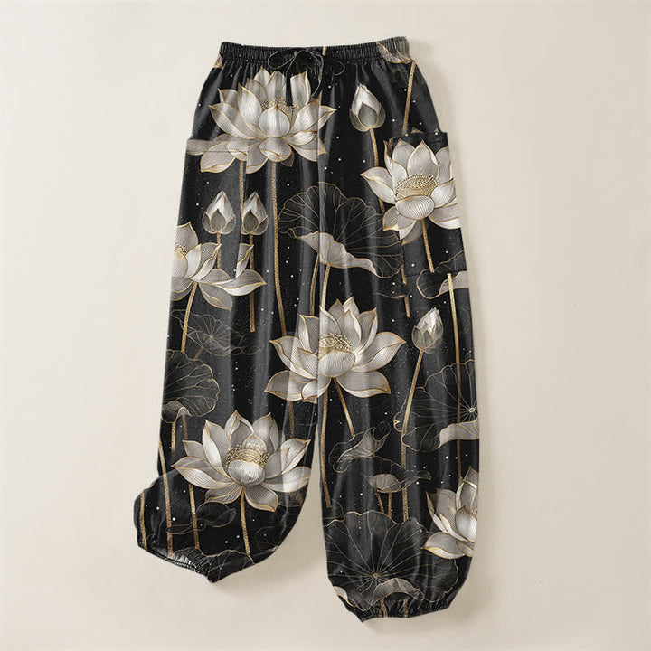 Buddha Stones Cotton Oriental Lotus Floral Pattern Women's Elastic Waist Harem Pants With Side Pockets - image 3