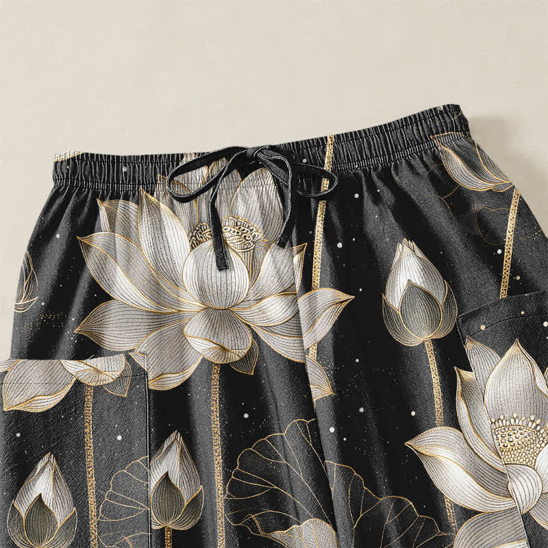 Buddha Stones Cotton Oriental Lotus Floral Pattern Women's Elastic Waist Harem Pants With Side Pockets - image 5