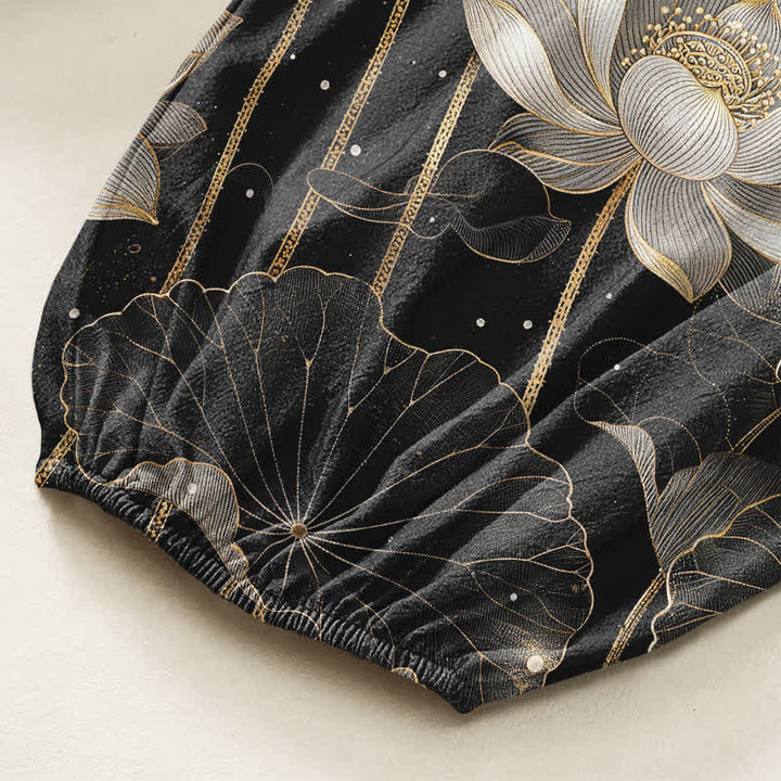 Buddha Stones Cotton Oriental Lotus Floral Pattern Women's Elastic Waist Harem Pants With Side Pockets - image 6