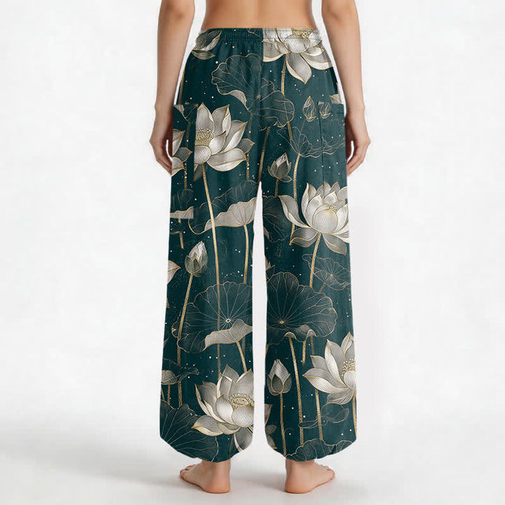 Buddha Stones Cotton Oriental Lotus Floral Pattern Women's Elastic Waist Harem Pants With Side Pockets - image 12