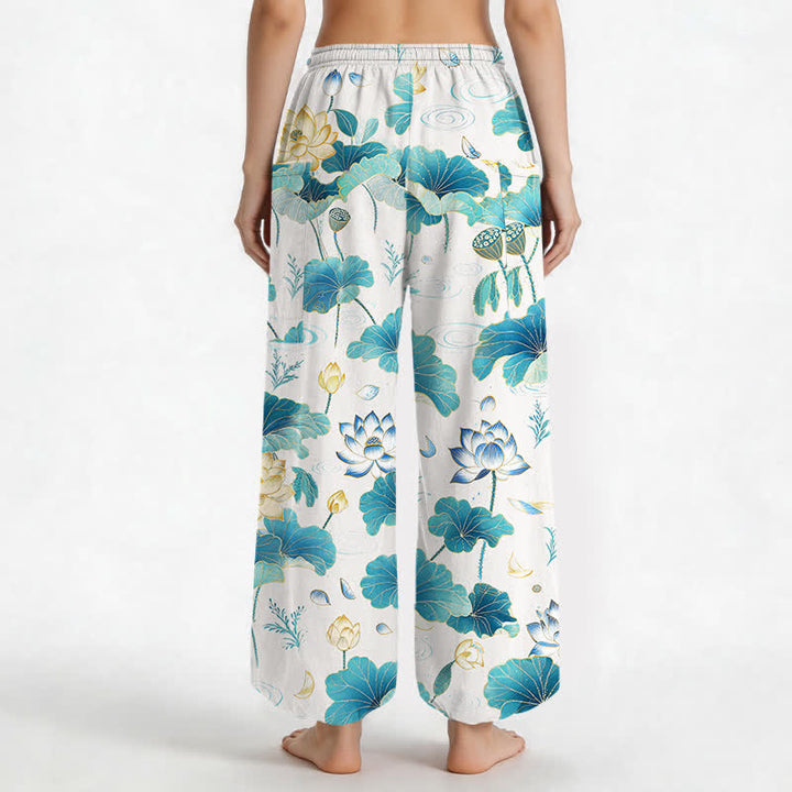 Buddha Stones Cotton Lotus Leaf Blossom Pattern Women's Elastic Waist Harem Pants With Side Pockets - image 9