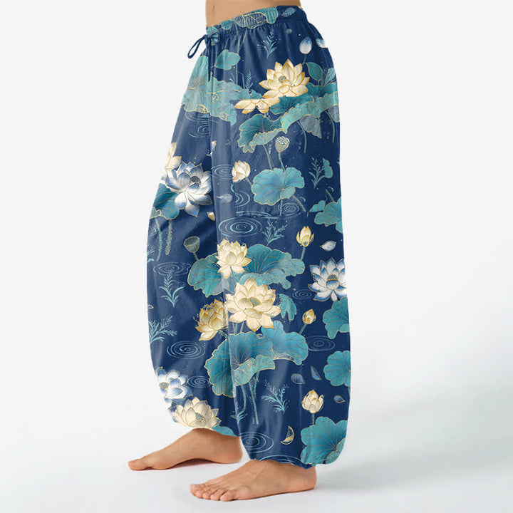 Buddha Stones Cotton Lotus Leaf Blossom Pattern Women's Elastic Waist Harem Pants With Side Pockets - image 11