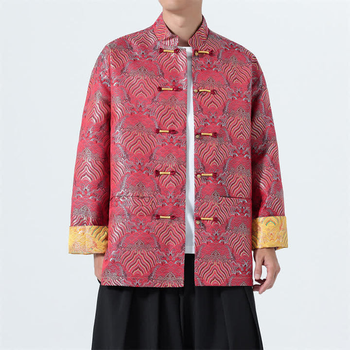 Buddha Stones Fall Winter Vintage Tang Style Frog Button Abstract Ocean Pattern Design Spandex Men's Jacket With Pockets - image 4