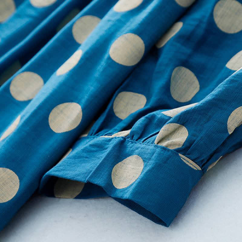 Buddha Stones Spring Casual Vintage Blue White Polka Dot Women's Long Sleeve Dress With Pockets - image 9