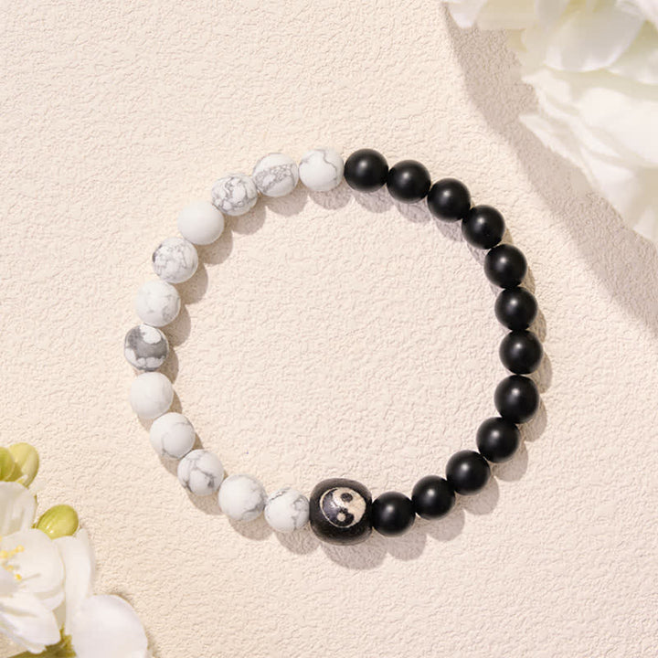 Buddha Stones Black Onyx White Turquoise Yin Yang Balance Round Bead Bracelet - image 3