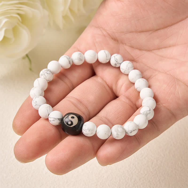 Buddha Stones Black Onyx White Turquoise Yin Yang Balance Round Bead Bracelet - image 15