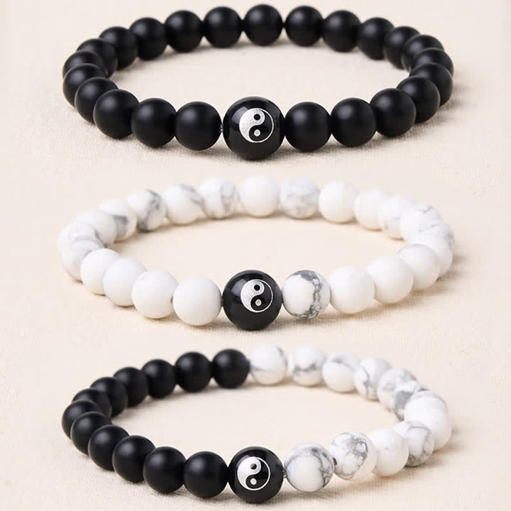 Buddha Stones Black Onyx White Turquoise Yin Yang Black Obsidian Round Bead Balance Bracelet - image 23