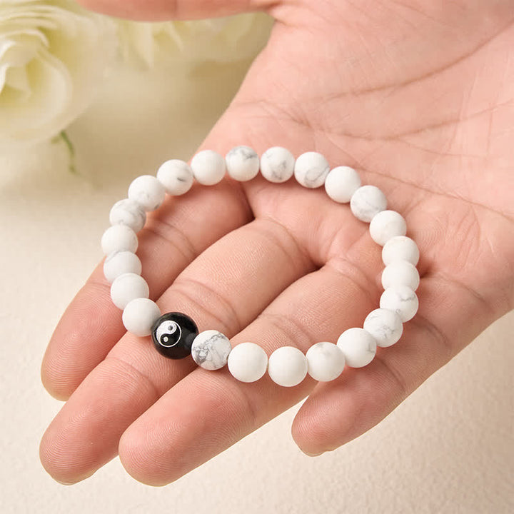 Buddha Stones Black Onyx White Turquoise Yin Yang Black Obsidian Round Bead Balance Bracelet - image 15
