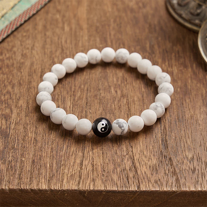 Buddha Stones Black Onyx White Turquoise Yin Yang Black Obsidian Round Bead Balance Bracelet - image 14