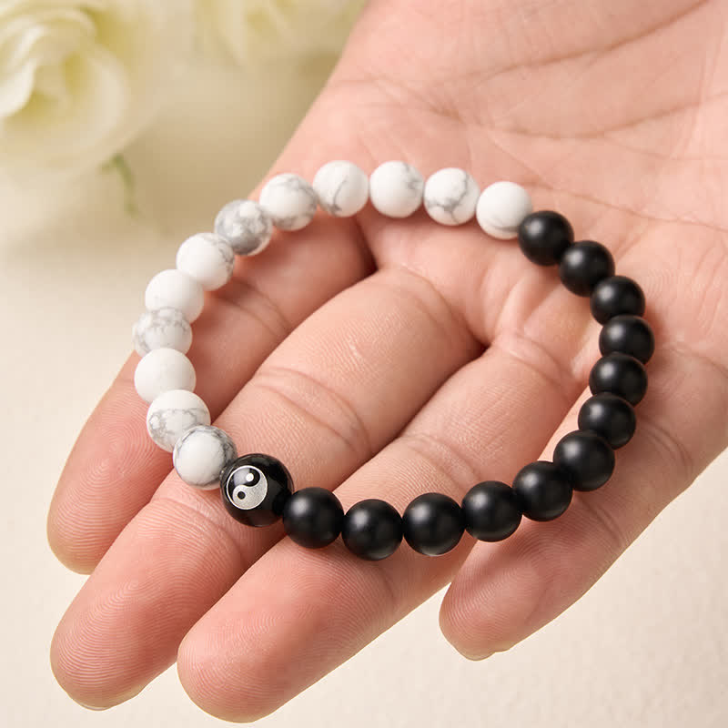 Buddha Stones Black Onyx White Turquoise Yin Yang Black Obsidian Round Bead Balance Bracelet - image 21