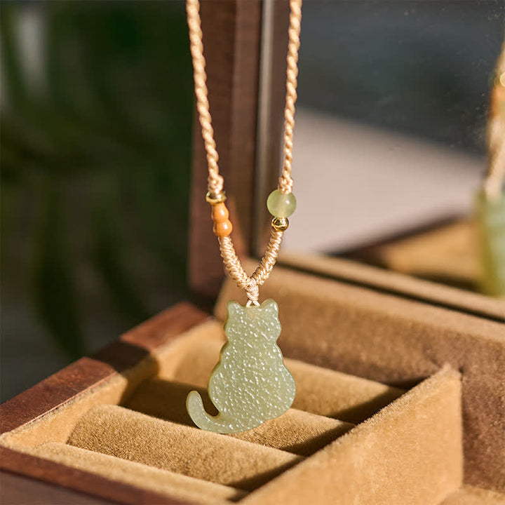 Buddha Stones Jade Cat Braided Cord Pendant Abundance Necklace - image 4