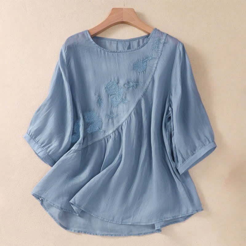 Buddha Stones Embroidered Flower Crew Neck Design Women's Half Sleeve Shirt - CornflowerBlue - US8-10，UK/AU12-14，EU40-42 (2XL) - image 0