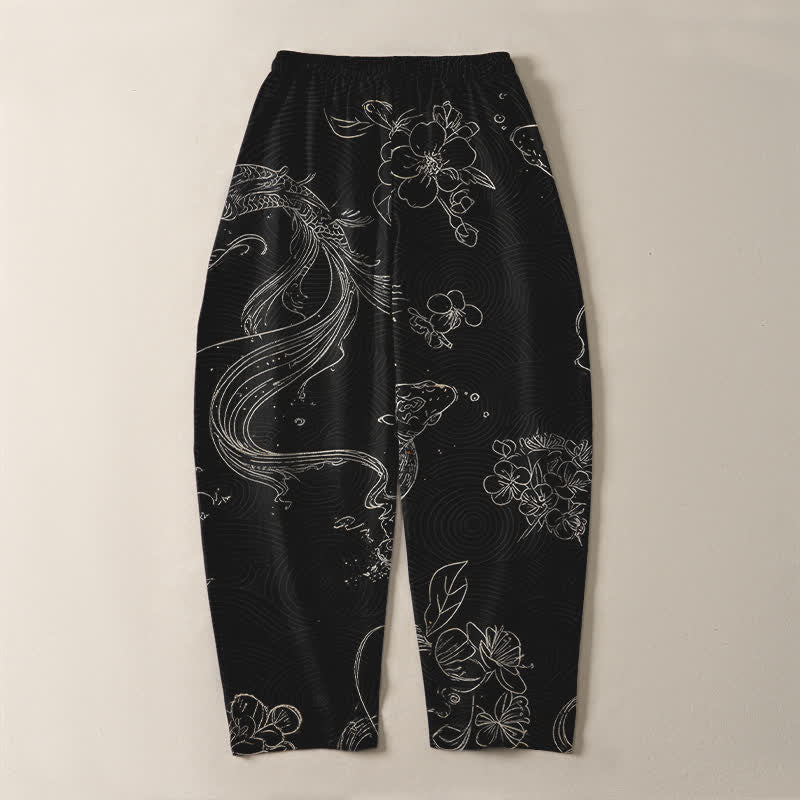 Buddha Stones Pure Cotton Koi Floral Wave Pattern Drawstring Men's Tapered Pants With Pockets - image 3