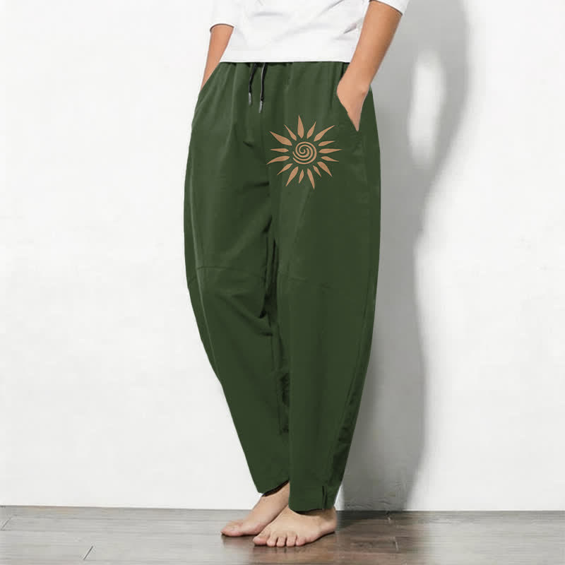 Buddha Stones Pure Cotton Sun Spiral Pattern Drawstring Men's Tapered Pants With Pockets - image 12