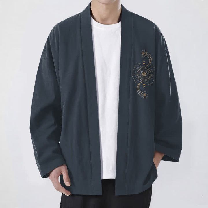Buddha Stones Cotton Celestial Moon Phase Sun Pattern Open Front Men's Kimono - DarkSlateGray - US/UK/AU48，EU58 (4XL) - image 0