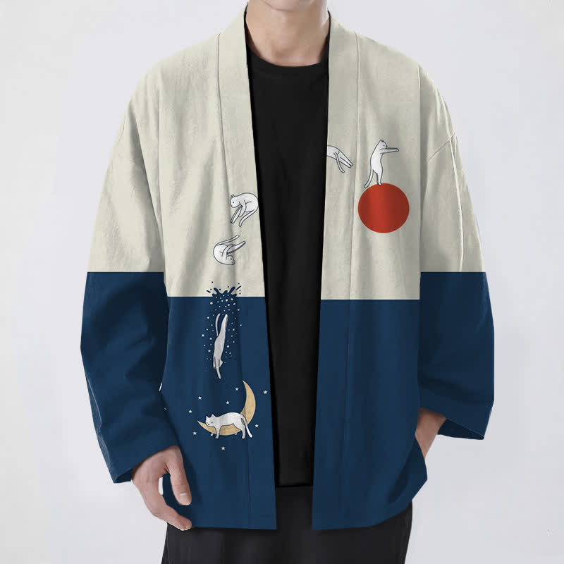 Buddha Stones Cotton Cat Sun Crescent Pattern Open Front Men's Kimono - Navy - US/UK/AU48，EU58 (4XL) - image 0