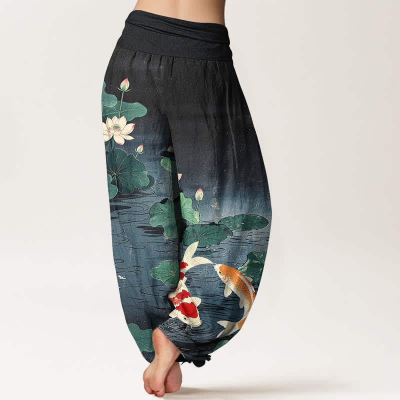 Buddha Stones Cotton Blooming Lotus Koi Pattern Women's Elastic Waist Harem Pants - image 10
