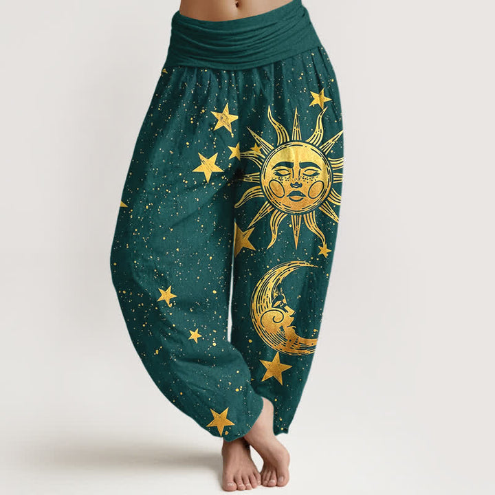 Buddha Stones Cotton Golden Sun Stars Pattern Women's Elastic Waist Harem Pants - Teal - US16，UK/AU20，EU48 (3XL) - image 5