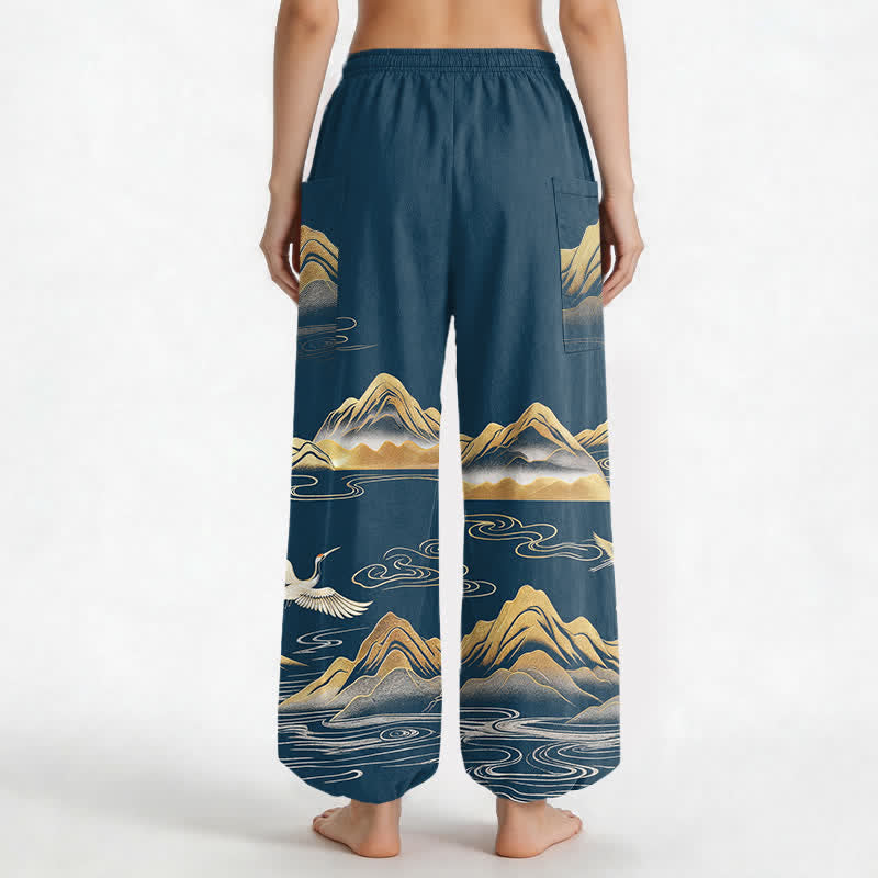 Buddha Stones Cotton Serene Landscape Crane Pattern Women's Elastic Waist Harem Pants With Side Pockets - image 9