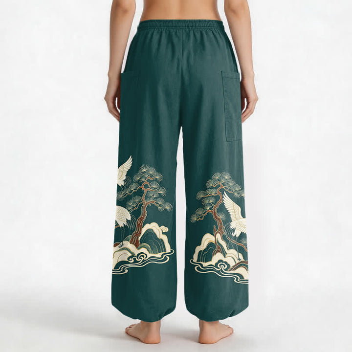 Buddha Stones Cotton Oriental Crane Pine Pattern Women's Elastic Waist Harem Pants With Side Pockets - image 2