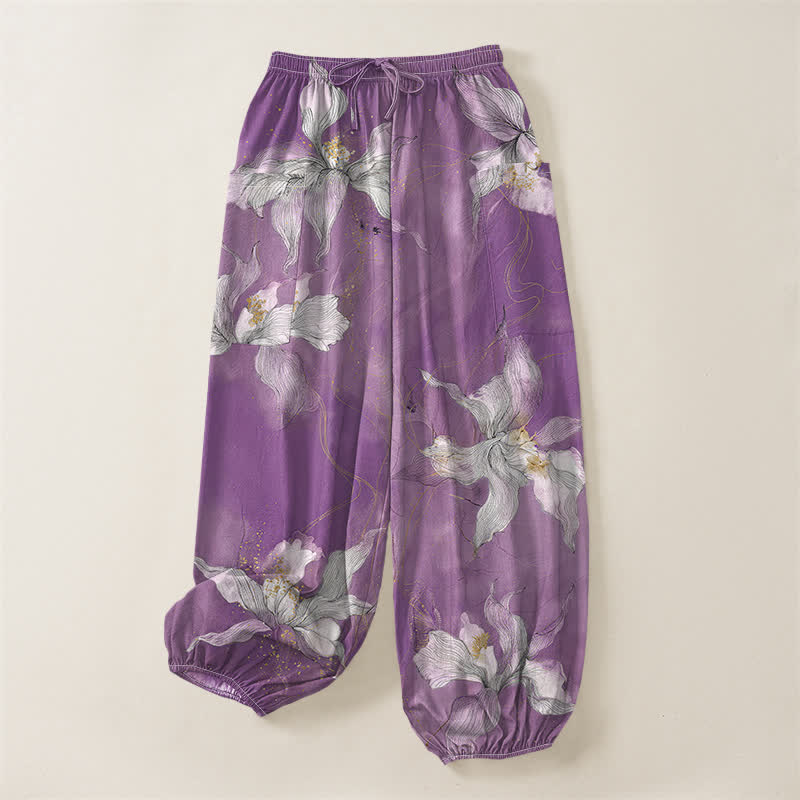 Buddha Stones Cotton Vintage White Floral Pattern Women's Elastic Waist Harem Pants With Side Pockets - image 3