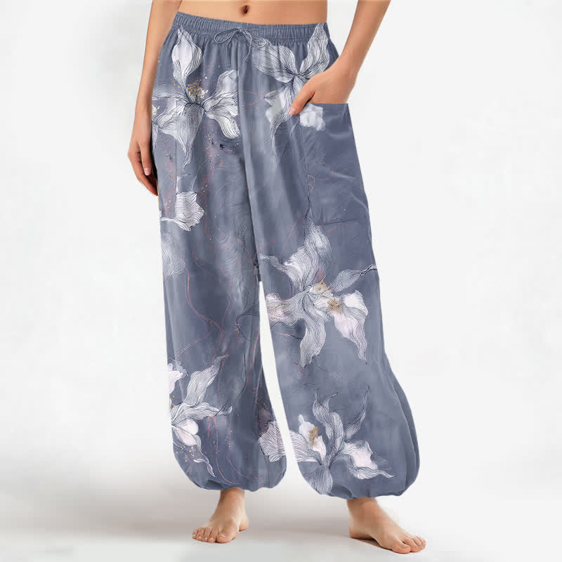Buddha Stones Cotton Vintage White Floral Pattern Women's Elastic Waist Harem Pants With Side Pockets - SteelBlue - US16，UK/AU20，EU48 (3XL) - image 7