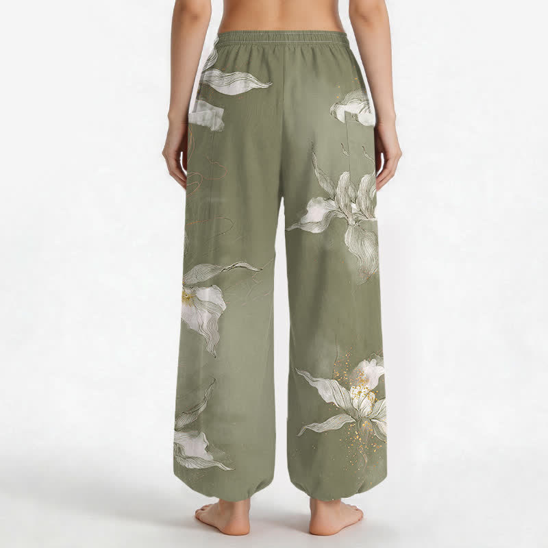 Buddha Stones Cotton Vintage White Floral Pattern Women's Elastic Waist Harem Pants With Side Pockets - image 12