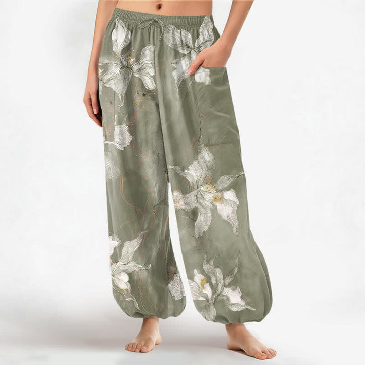 Buddha Stones Cotton Vintage White Floral Pattern Women's Elastic Waist Harem Pants With Side Pockets - YellowGreen - US16，UK/AU20，EU48 (3XL) - image 10