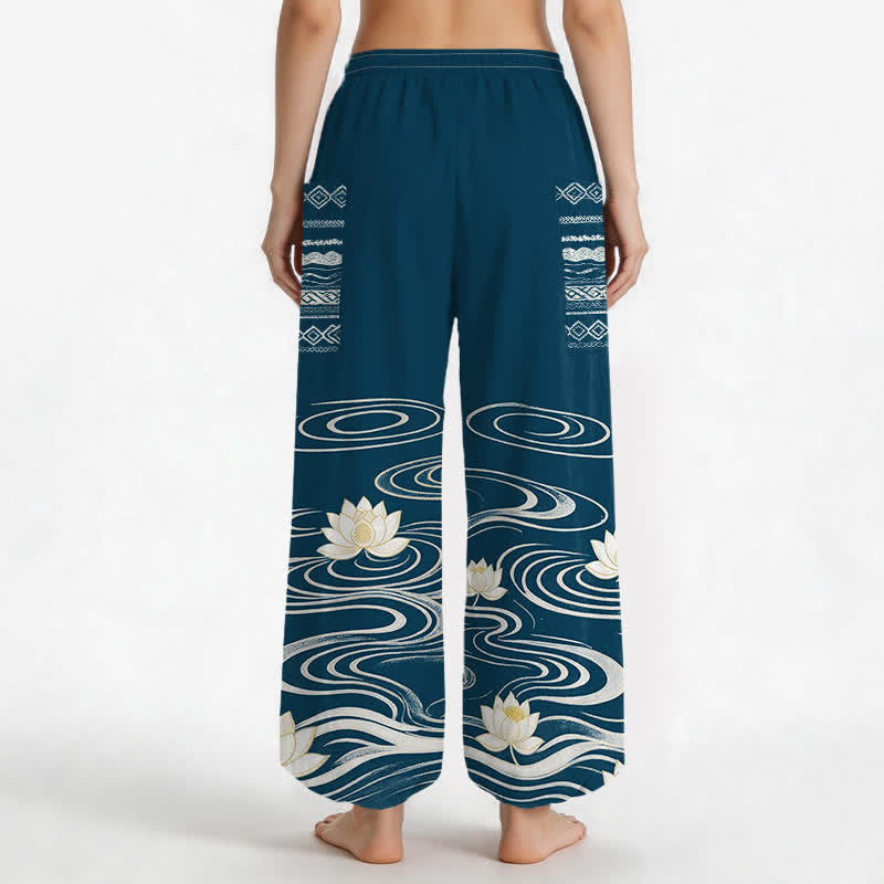 Buddha Stones Cotton Lotus Ripple Pattern Women's Elastic Waist Harem Pants With Side Pockets - image 12