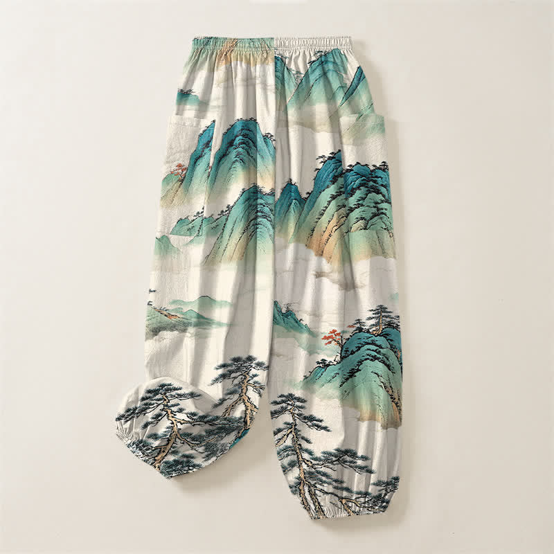 Buddha Stones Cotton Pine Mountain Scenery Pattern Women's Elastic Waist Harem Pants With Side Pockets - image 4