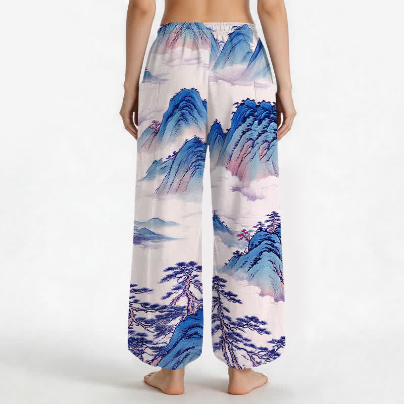 Buddha Stones Cotton Pine Mountain Scenery Pattern Women's Elastic Waist Harem Pants With Side Pockets - image 12
