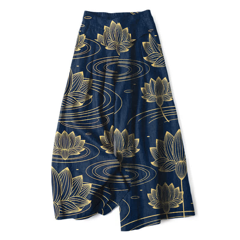 Buddha Stones Cotton Linen Lotus Ripple Pattern Women's Elastic Waist Wide Leg Pants With Pockets - Navy - US16，UK/AU20，EU48 (3XL) - image 0