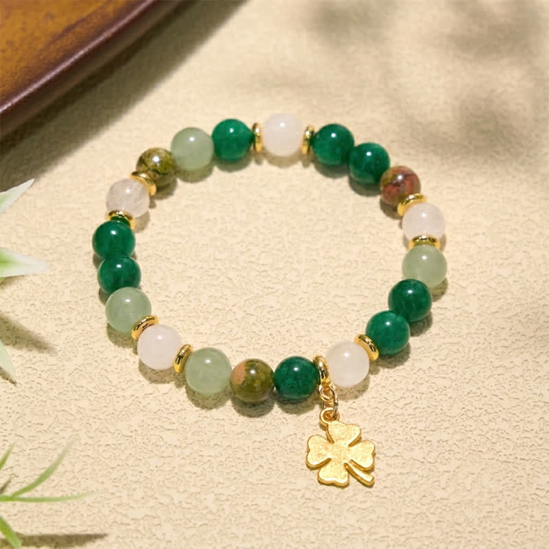 Buddha Stones Green Aventurine Four-leaf Clover Luck Round Beaded Bracelet - image 8