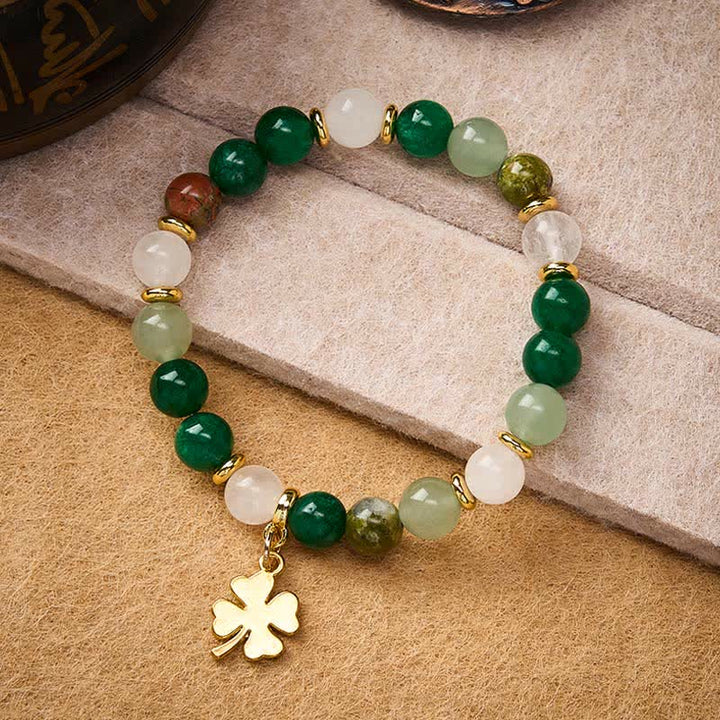 Buddha Stones Green Aventurine Four-leaf Clover Luck Round Beaded Bracelet - image 2
