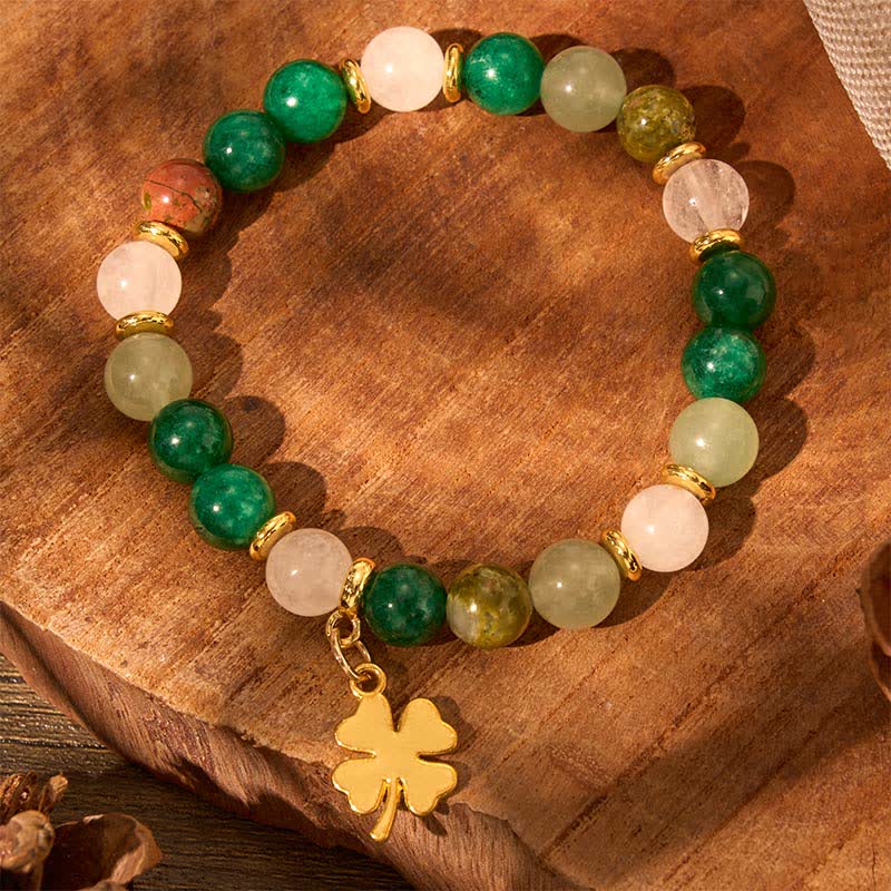 Buddha Stones Green Aventurine Four-leaf Clover Luck Round Beaded Bracelet - image 7