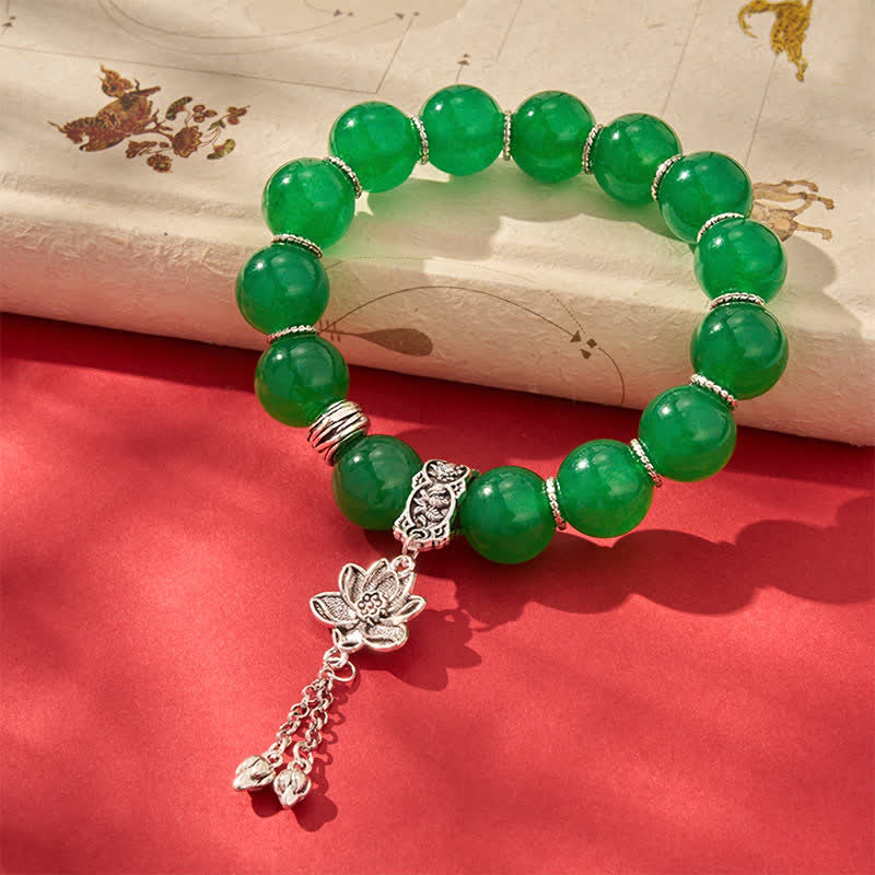 Buddha Stones Natural Green Quartzite Jade Beads Lotus Charm Protection Bracelet - image 5