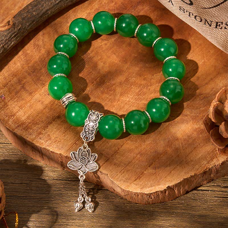 Buddha Stones Natural Green Quartzite Jade Beads Lotus Charm Protection Bracelet - image 4