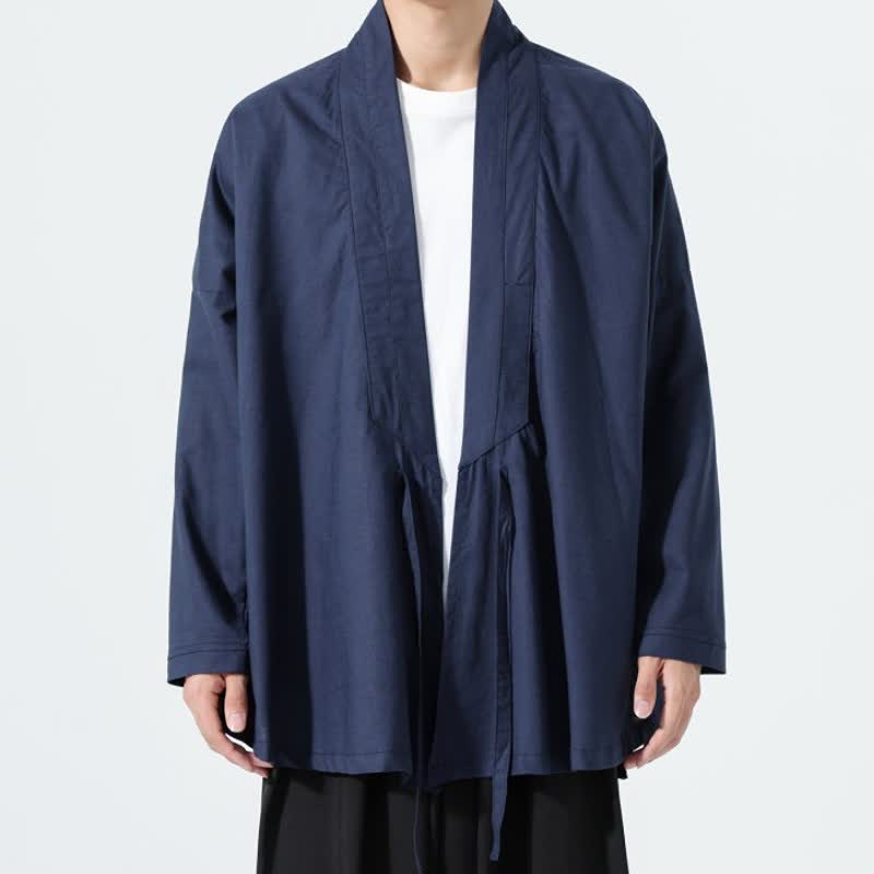 Buddha Stones Fall Minimalist Tang Style Drawstring Solid Men's Kimonos - Navy - US/UK/AU46，EU56 (5XL) - image 12