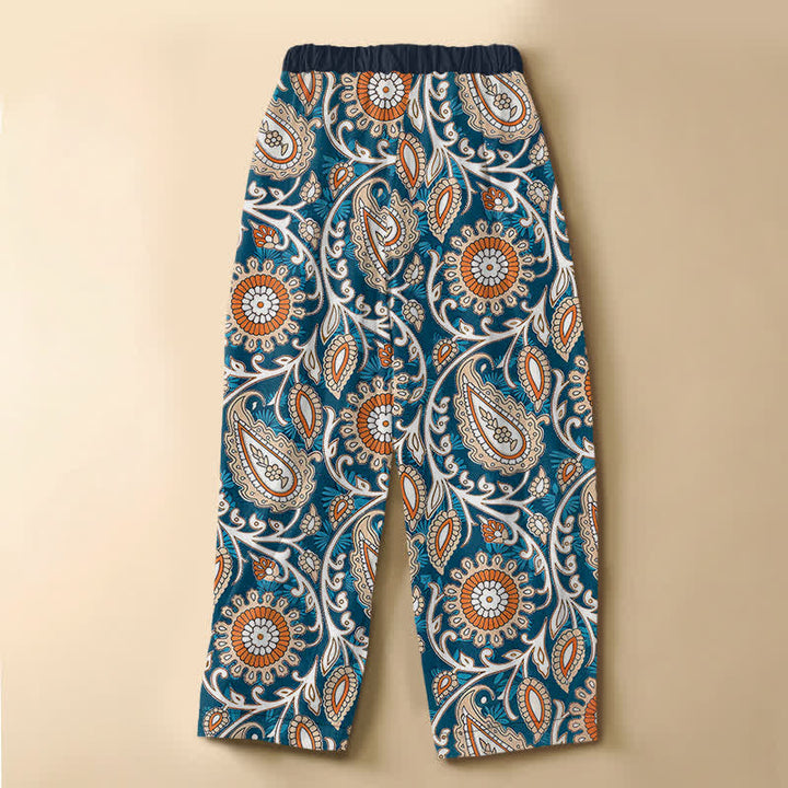 Buddha Stones Pure Cotton Bohemian Paisley Floral Pattern Frog Button Women's Elastic Waist Harem Pants With Pockets - image 1